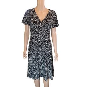 Chaps Black White Floral Fit Flare Below Knee Dress Modest Teacher Church Size S